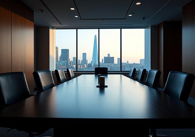 Modern professional legal boardroom overlooking London skyline